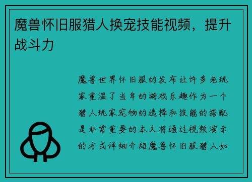 魔兽怀旧服猎人换宠技能视频，提升战斗力